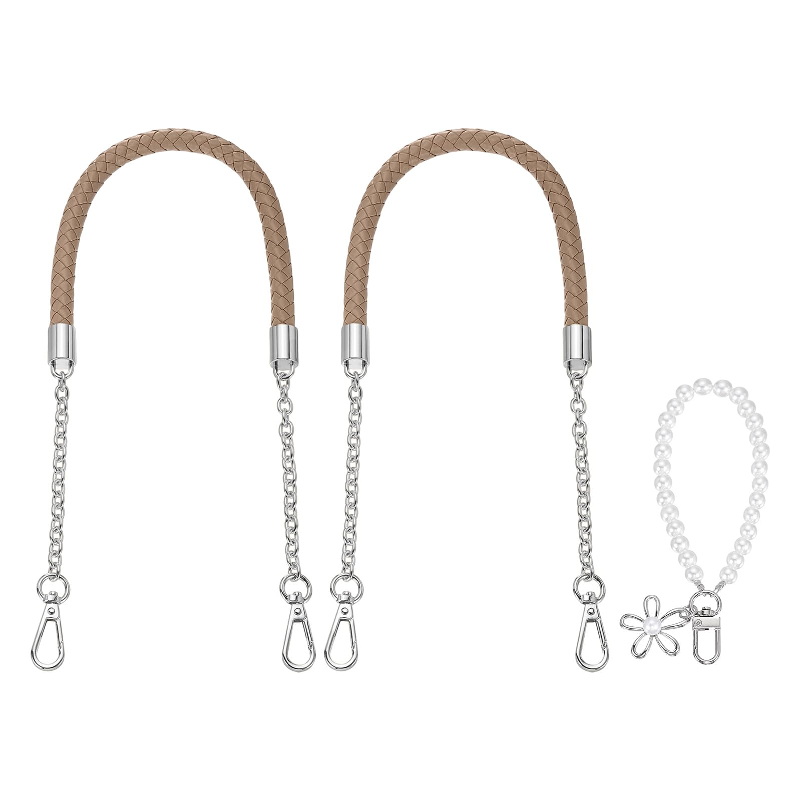 sourcing map 2 Pcs PU Leather Chain Purse Strap, 23.6 Inch Braided Purse Handles Replacement Strap with Pearl Pendant for Tote Bag Handbag Underarm Bag (Gray, Silver Chain)