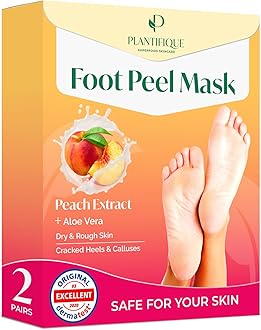 Plantifique Foot Peel Mask – 2 Pairs Exfoliating & Dermatologically Tested Foot Treatment, Removes Dead Skin & Repairs Heels for Soft Feet – Peach Scent, Gift for Women & Men