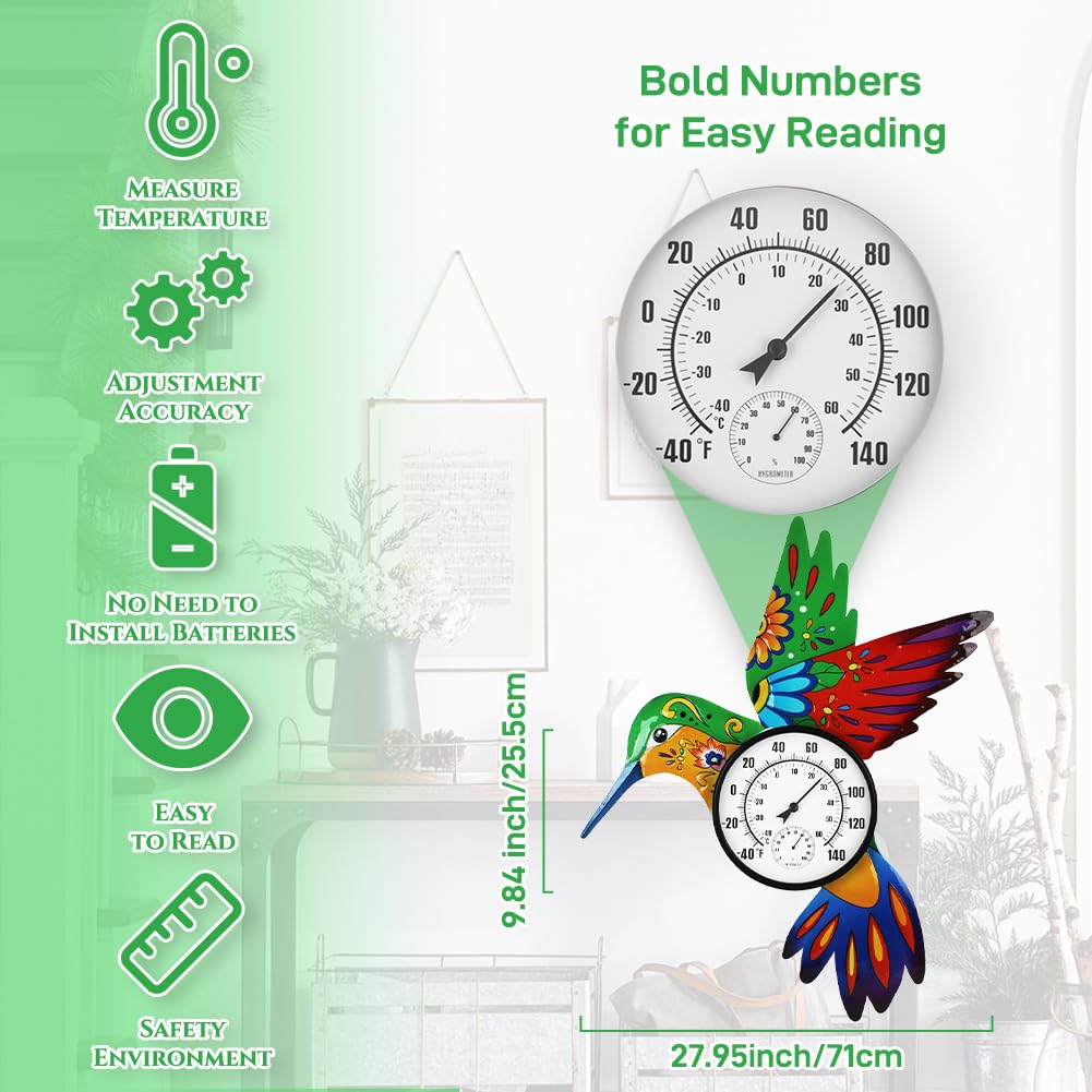 Termometro a forma di colibrì per interni ed esterni, con umidità, senza batteria, facile da leggere, grande numero, 55,9 cm, decorativo per patio, cortile, giardino, soggiorno