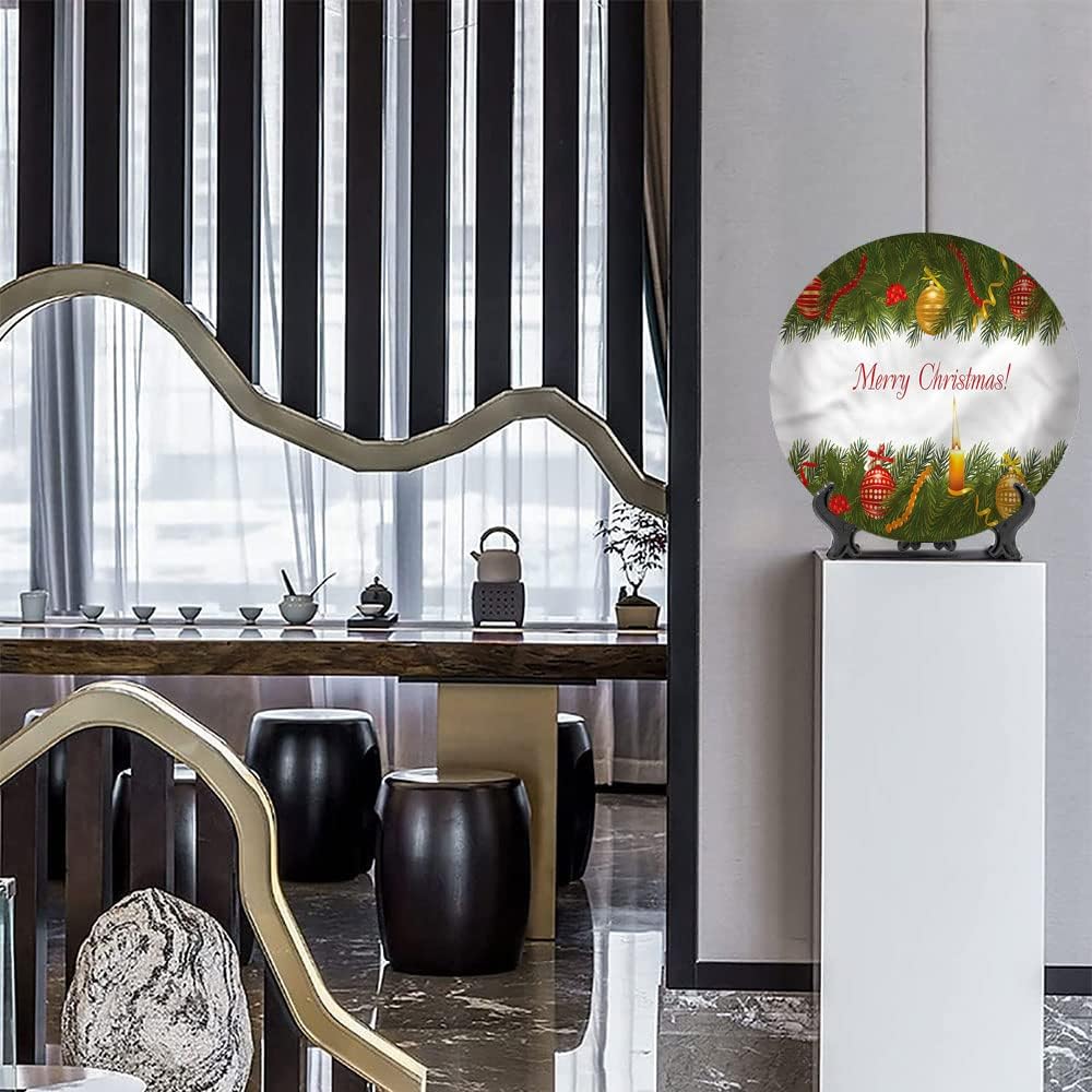 XISUNYA 10 Inch Christmas 3D Printed Decorative Plate,Tree Candle Greeting Round Porcelain Ceramic Plate Decor Accessory for Dining Table Tabletop Party Kitchen Home Decor