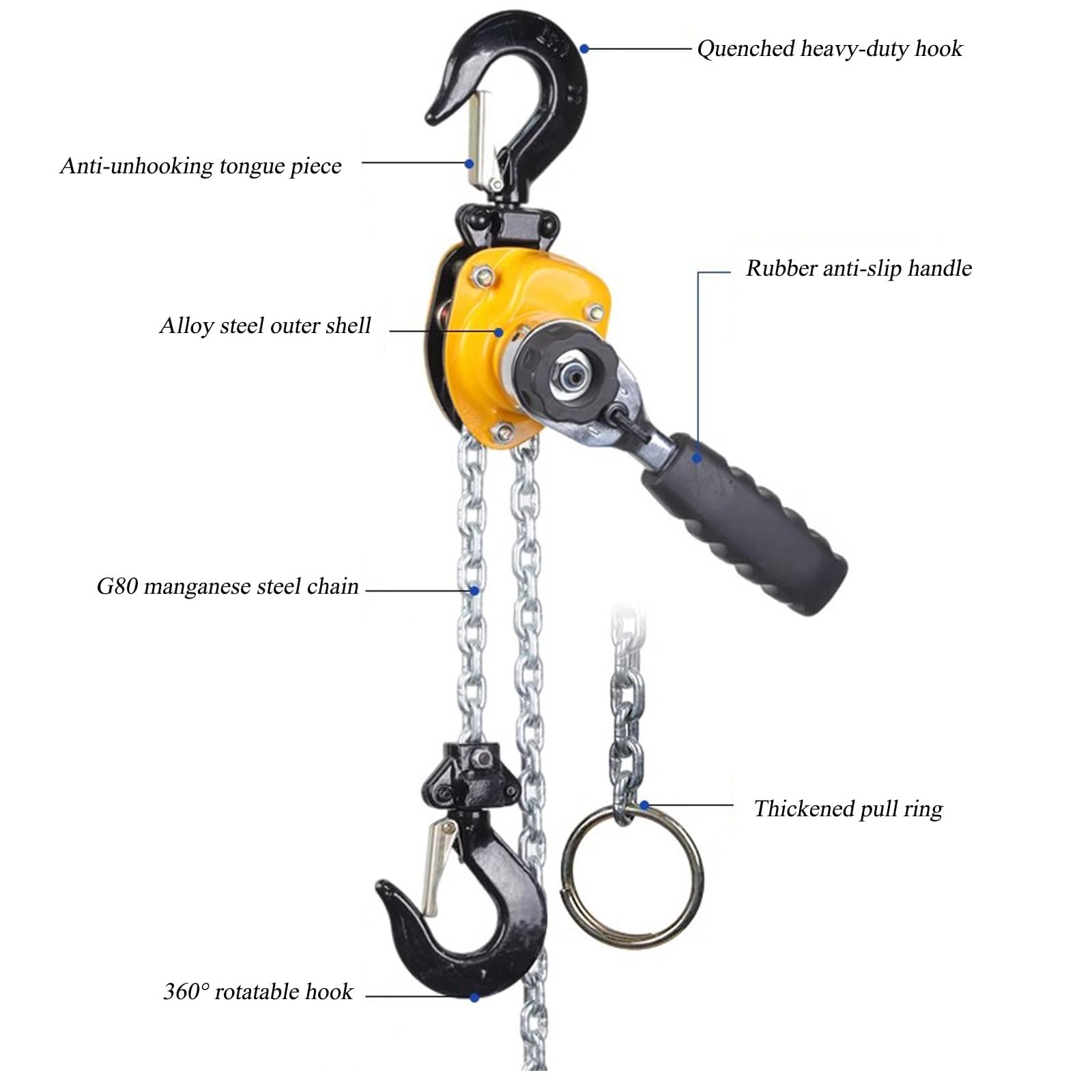 Sollevatore manuale a catena con ganci resistenti e catena G80, mini sollevatore per garage, magazzini, officine automobilistiche, ad alta capacità, facile da usare