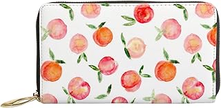Carteiras femininas de couro genuíno aquarela pêssegos pintado porta-cartão de crédito estojo com zíper organizador de embreagem de couro feminino bolsa longa de viagem, Aquarela de pêssegos pint, 7x4.3x0.8 Inches