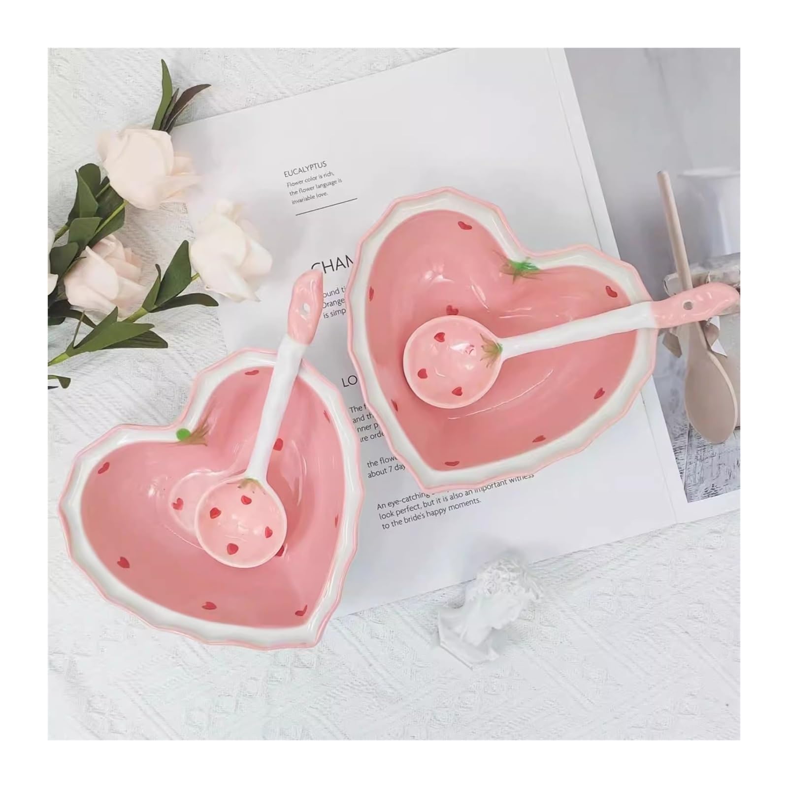 WOTZOV Salad Bowls 2 Pcs Ceramic Underglaze Colored Tableware,Strawberry Heart-Shaped Bowl,Home Creativity,Cute Girl Tableware Bowl,Dessert Bowl