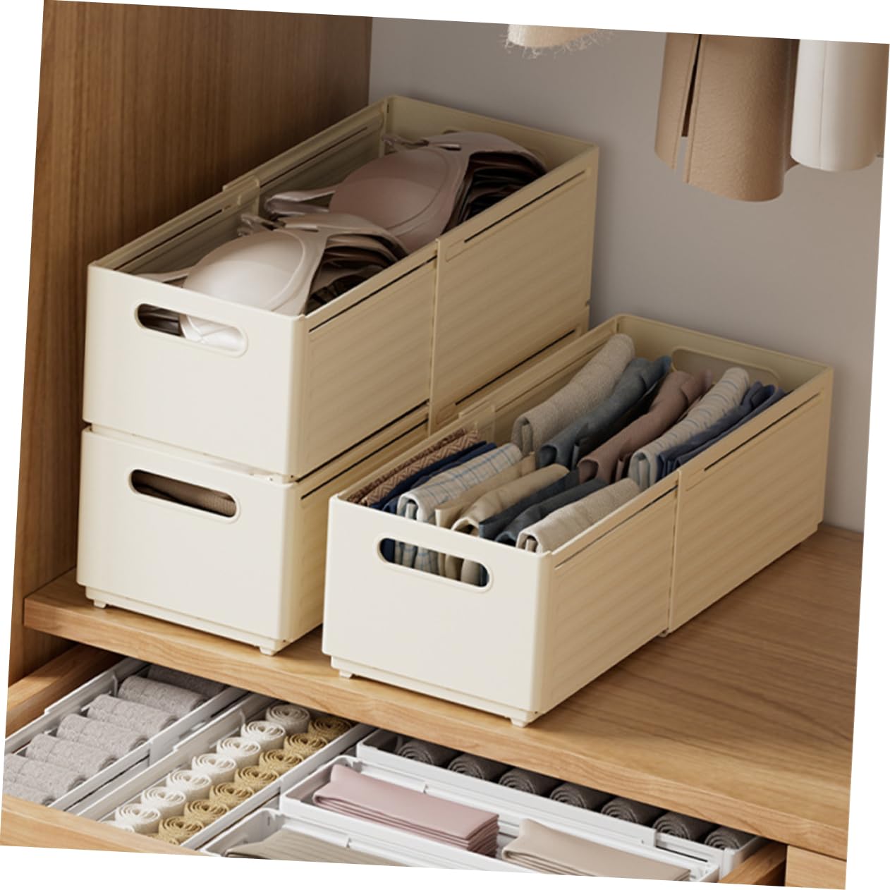 SHINEOFI 2 Cajas de Almacenamiento para Calcetines y Ropa Interior, Pp Beige, Diseño Ajustable, Uso en Oficina y Cocina, Organizador de Cajón