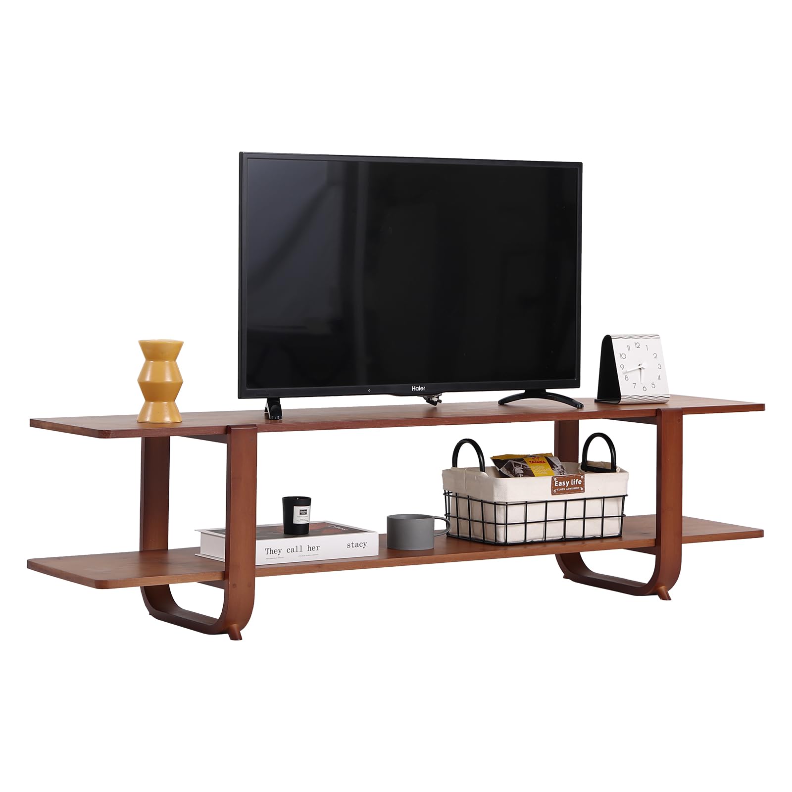 Soporte de TV de bambú para hasta 65 pulgadas, centro de entretenimiento moderno de mediados de siglo con estantes abiertos de 2 niveles, mesa consola de almacenamiento para sala de estar, 2