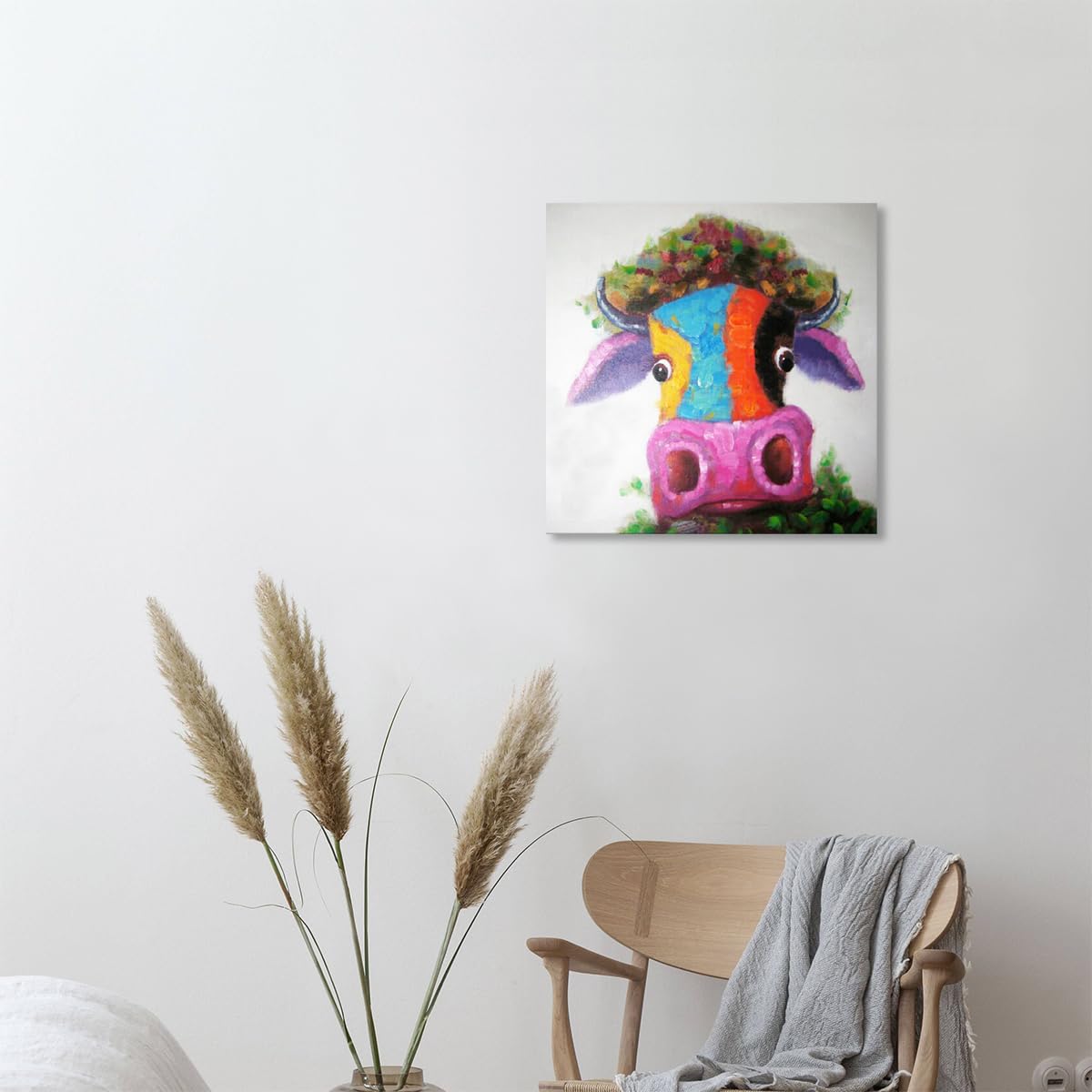 Tableau Fokenzary fait main encadré prêt à accrocher vache/taureau pop multicolore, Toile, multicolore, 16x16in