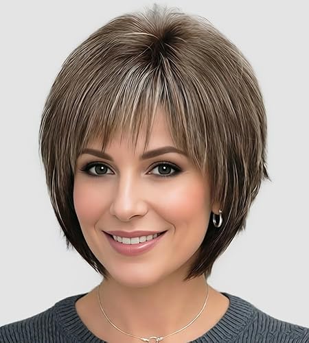 SEVENCOLORS Short Hair Wigs with Bangs Dark Brown Mixed Blonde