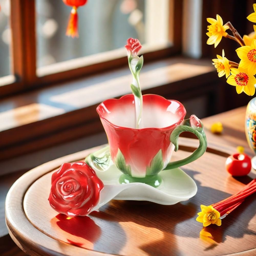 ONEUSTAR Tea Cup and Saucer Set for 1 Ceramic Handicraft Rose Flower Shaped Coffee Cup with Spoon 6 Oz Teacup for Women Valentine's Day Christmas Gift