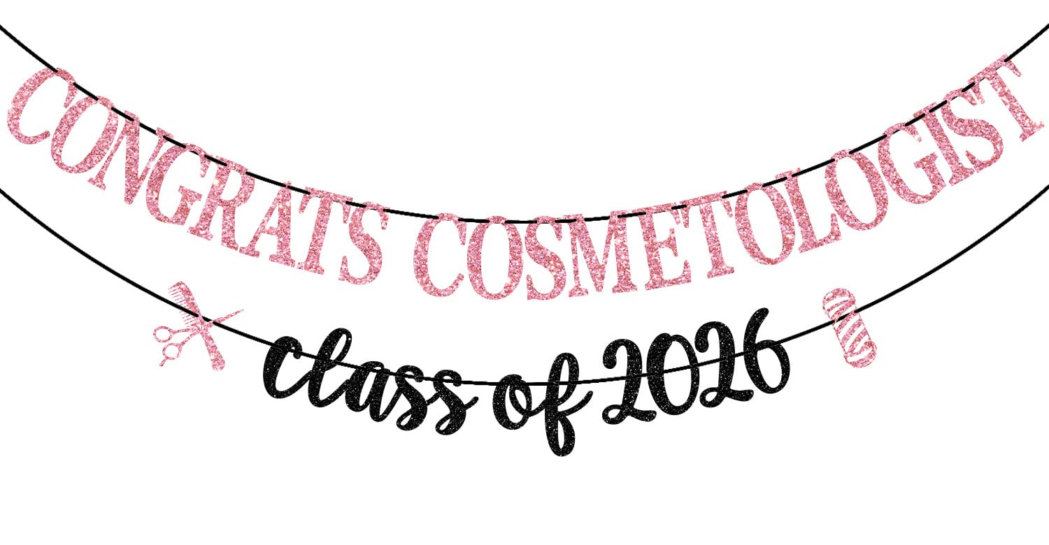 Congrats Cosmetologist Banner, Cosmetology School Survivor Decor, Future Cosmetologist, I'll Cut You, 2026 Barber/Fryzjer Graduation Party Dekoracje Różowy i Czarny Brokat