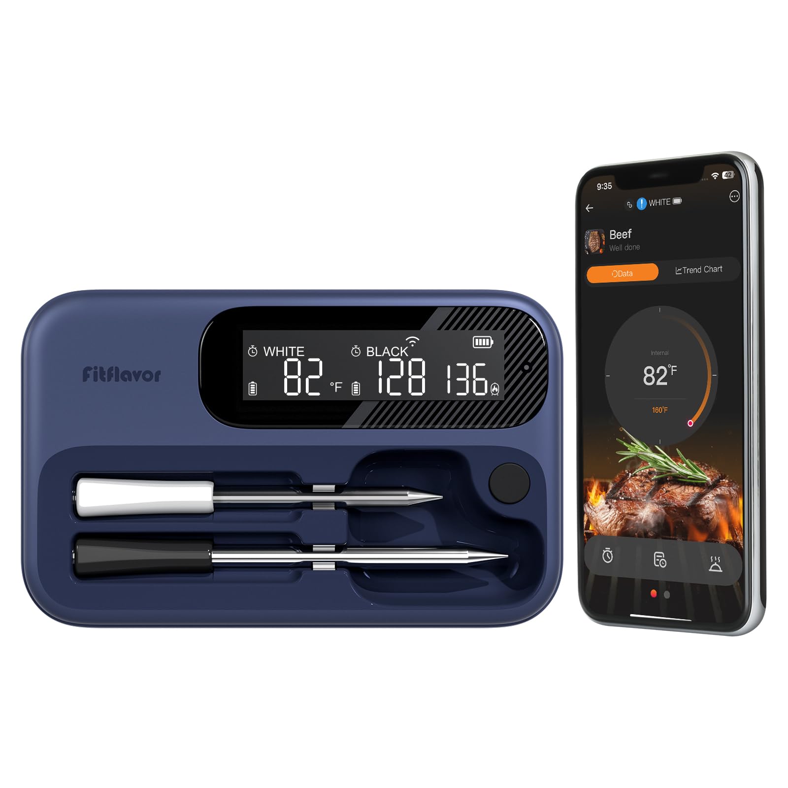 Termometro per carne wireless Bluetooth per affumicatore, Fitflavor WiFi termometro per carne per barbecue, sonda intelligente per carne per alimenti, cuoco, forno, grigliare, doppia sonda