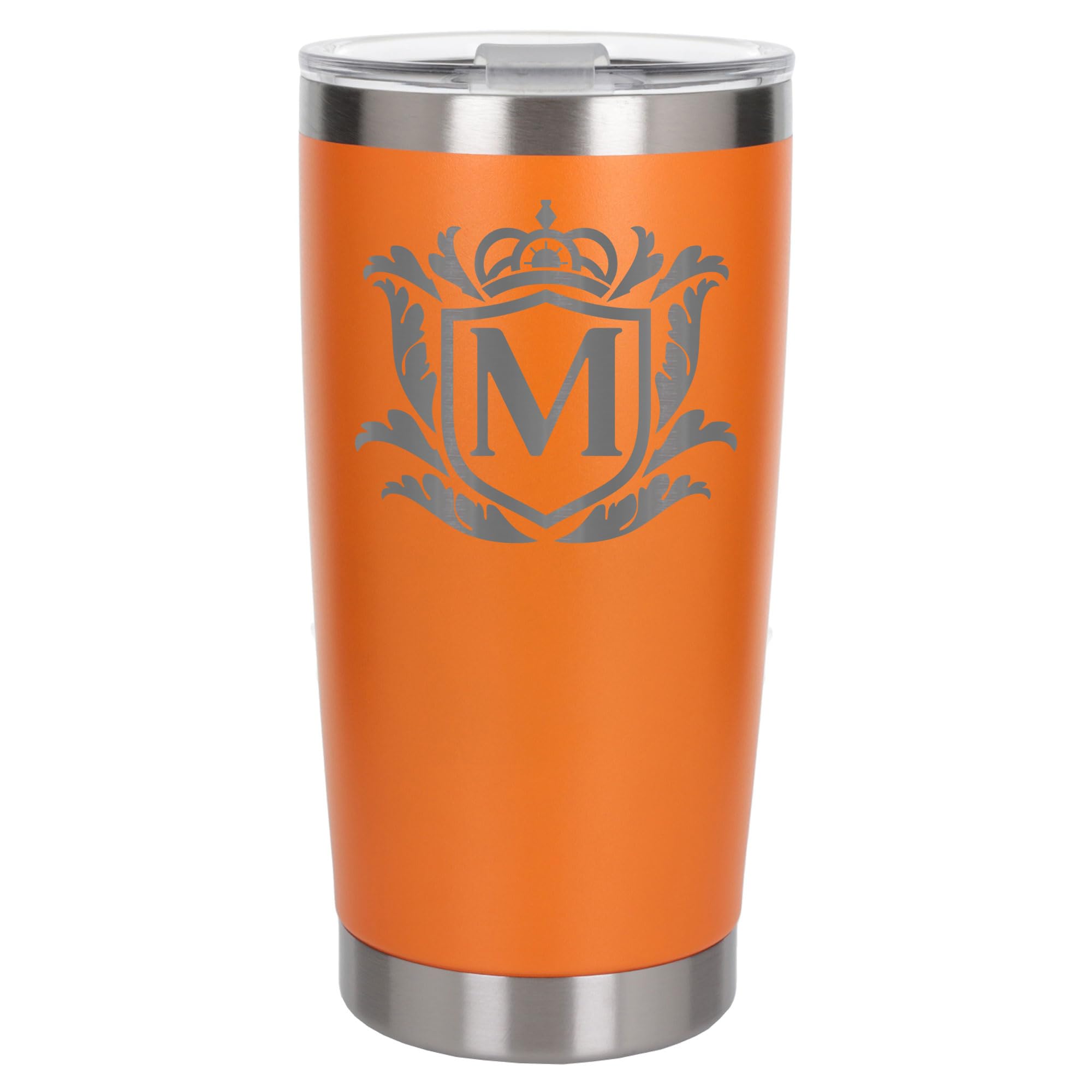 Customised Gifts 500ml Engraved Shield Initial Monogram Insulated Personalised Orange Travel Mug for Men and Women - Personalised Initial Coffee Travel Mug for Hot and Cold Beverages, Letter M