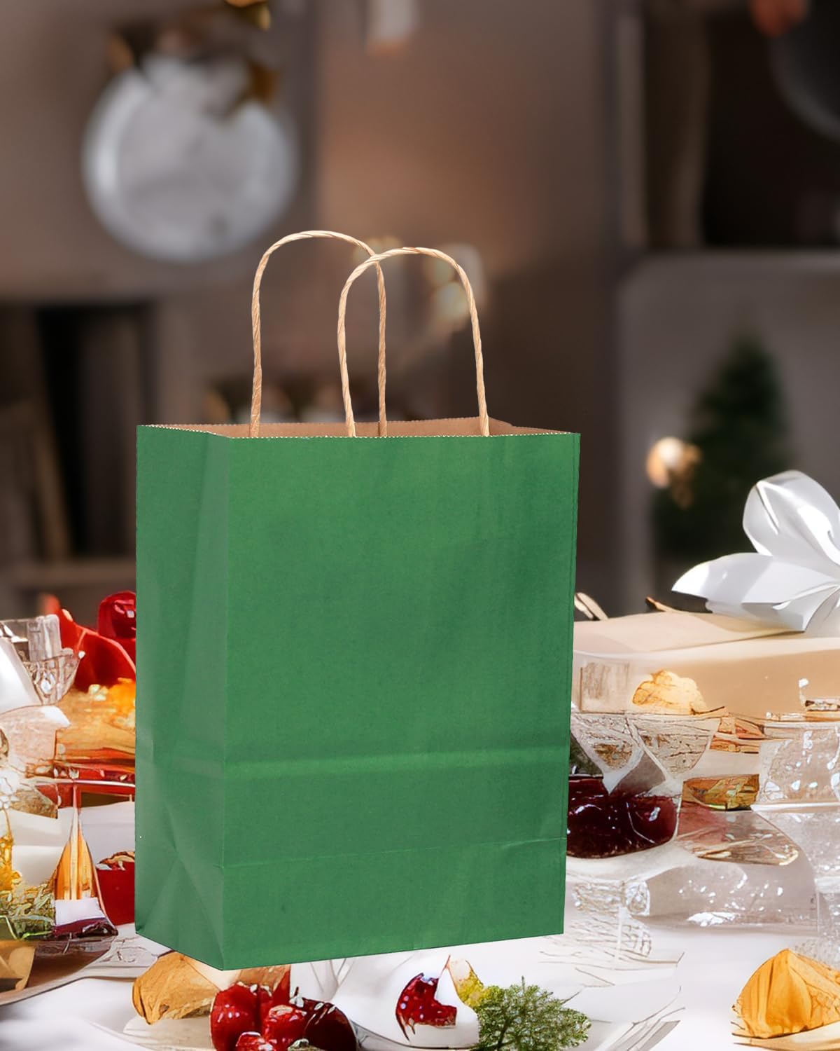 qiqee 100PCS Gift Bag with Handles Bulk Kraft Deep Green Paper Bags Multiple Uses (11"x5"x8"inch Medium Size)