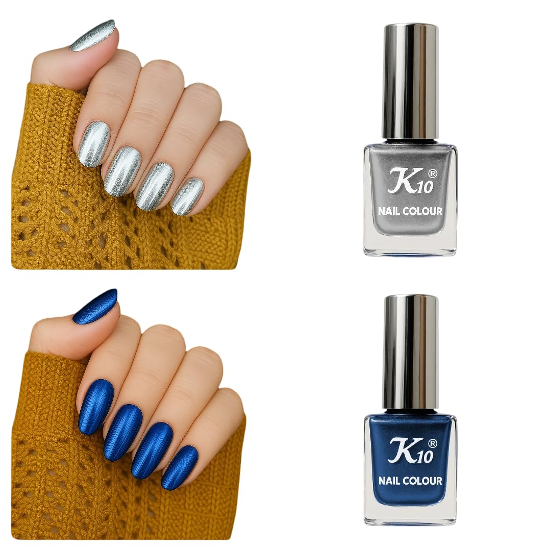 K10 Nail Polish| Metallic Finish Nail Paint|Quick Drying| Non UV Polish - Gel Finish |Chip Resistant Long-Lasting Multicolor Nail paint for Women and Girls | Silver And Blue| Set of 2| (12ml each)-image-45