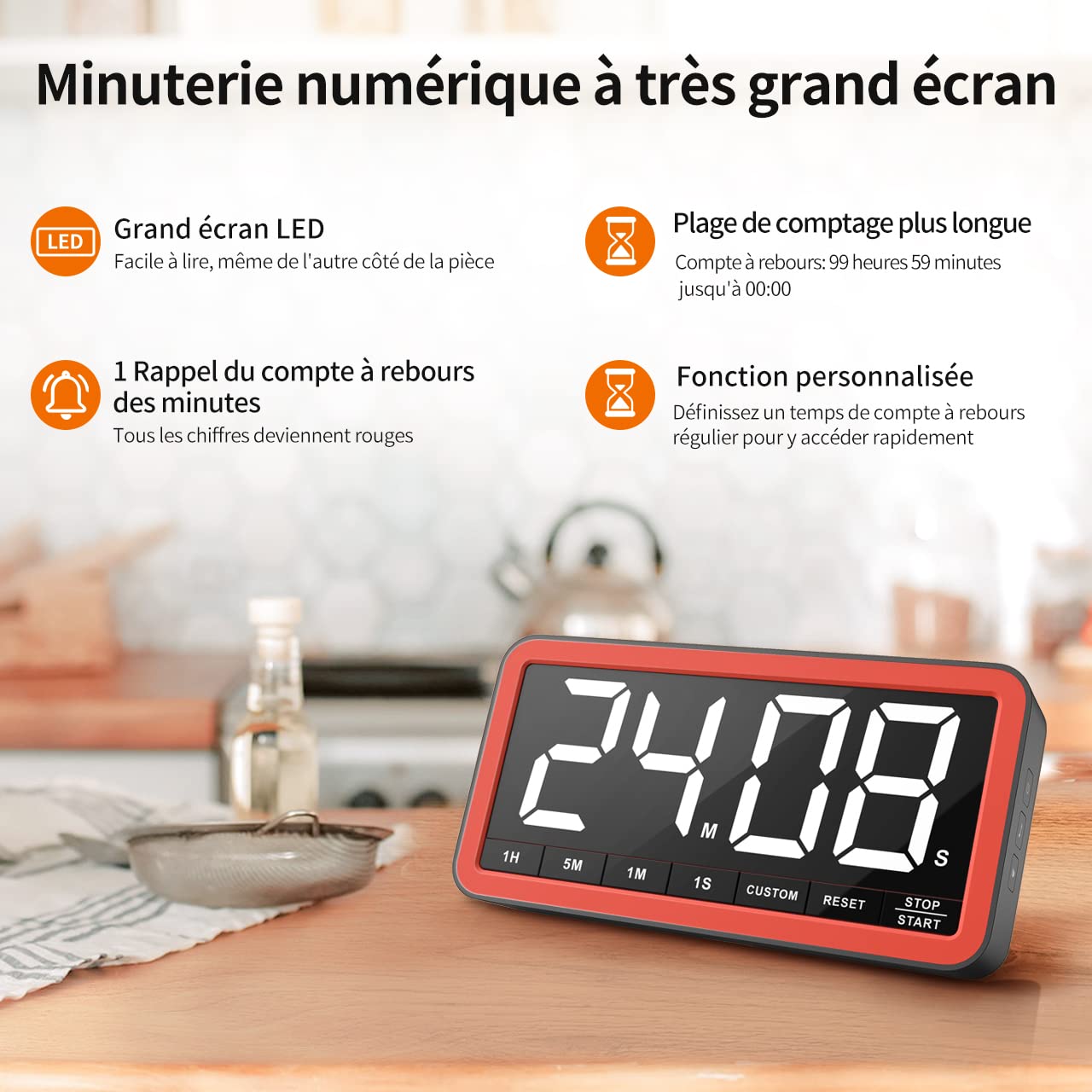 VOCOO Grand minuteur numérique pour la cuisine: Minuteur magnétique à LED avec 3 niveaux de luminosité, 4 alarmes et 3 niveaux de volume, Compte à rebours à piles pour cuisiner, Salle de classe et Gym