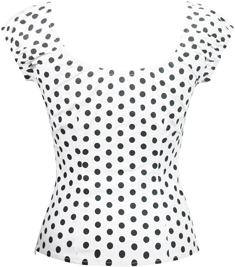 YARN & INK Women's Pinup Shirt 1950s Vintage Rockabilly Puff Sleeve BowBlouse Off Shoulder Tops - Image 2