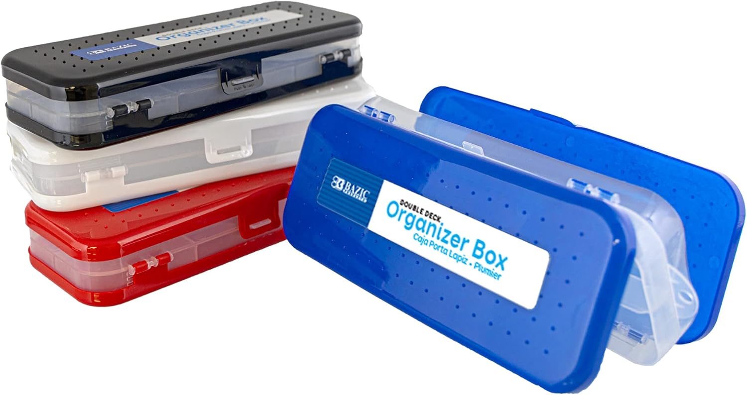 BAZIC PRODUCTS Plastic Pencil Case, Double Deck Utility Storage Box, Multi Purpose Organizer & Supply Holder, Transparent Box Design, Assorted Color, Ideal for School, Office & Craft Use, 24-Pack