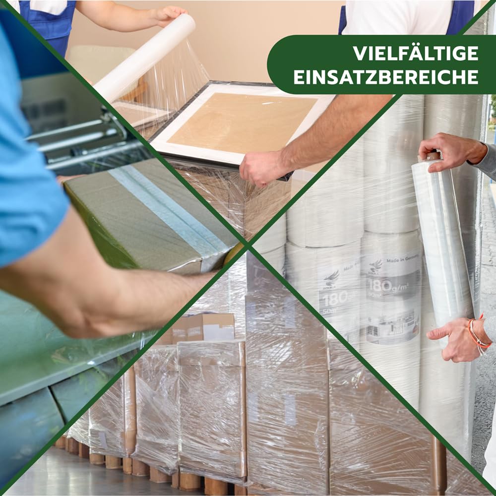 AQUILA EcoGreen Stretchfolie Made in Germany, Verpackungsfolie 50cm x 20 My, aus 100% wiederverwertetem Material, transparent, 150m ungedehnt, 12 Stück