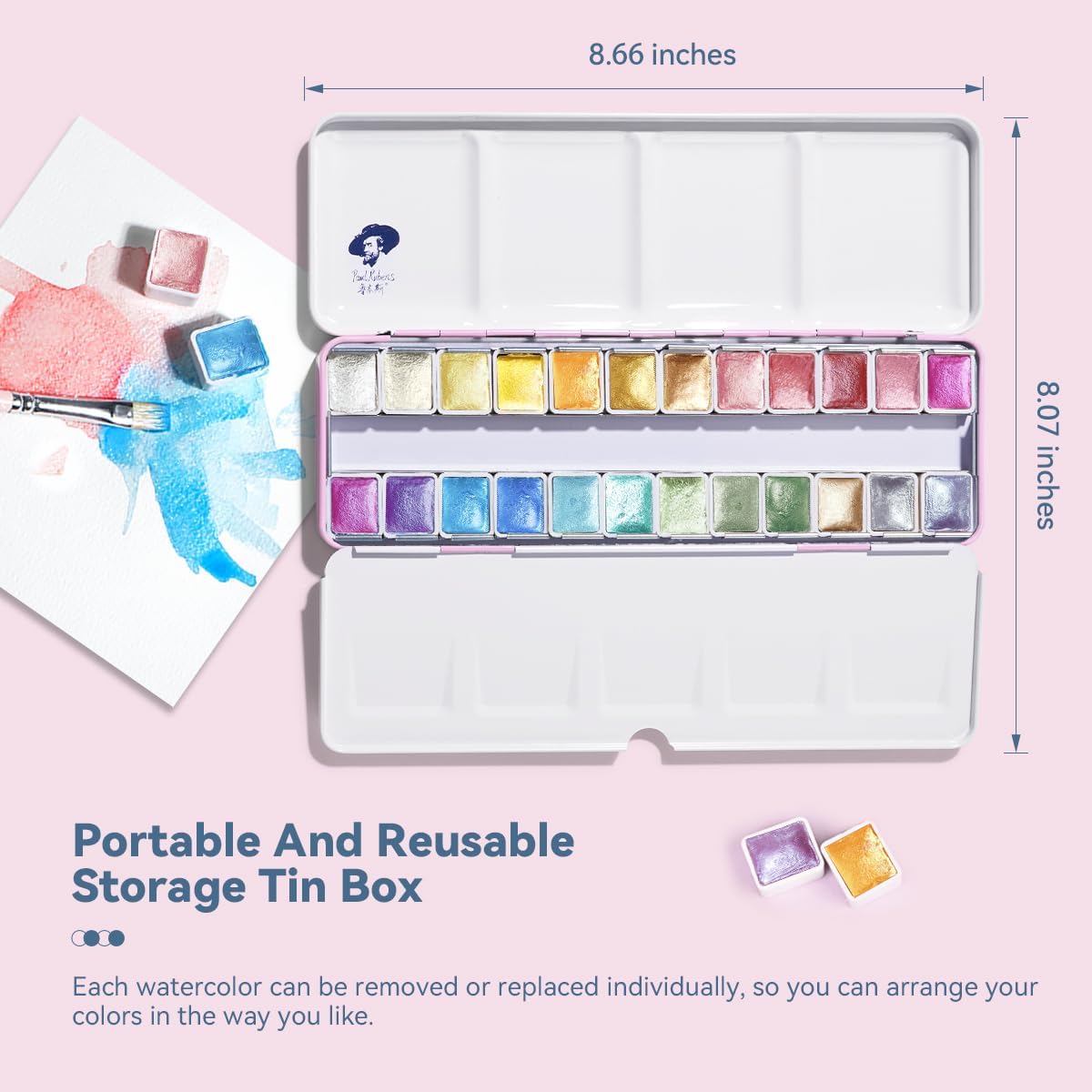 Paul Rubens Artist Watercolor Paints-Metallic Glitter Solid Colors-Pink Portable Metal Case with Palette-24 Color Set Sparkle Watercolor Paints-Glitter 24 Colors