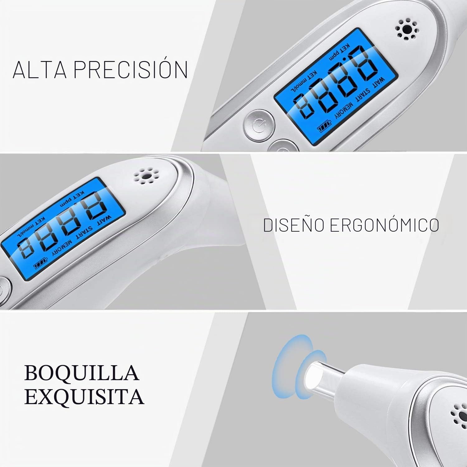 Medidor de cetona profesional, analizador digital avanzado de cetonas y comprobador de cetosis, resultados inmediatos, probador de aliento portátil para pruebas de cetosis con 10 boquillas