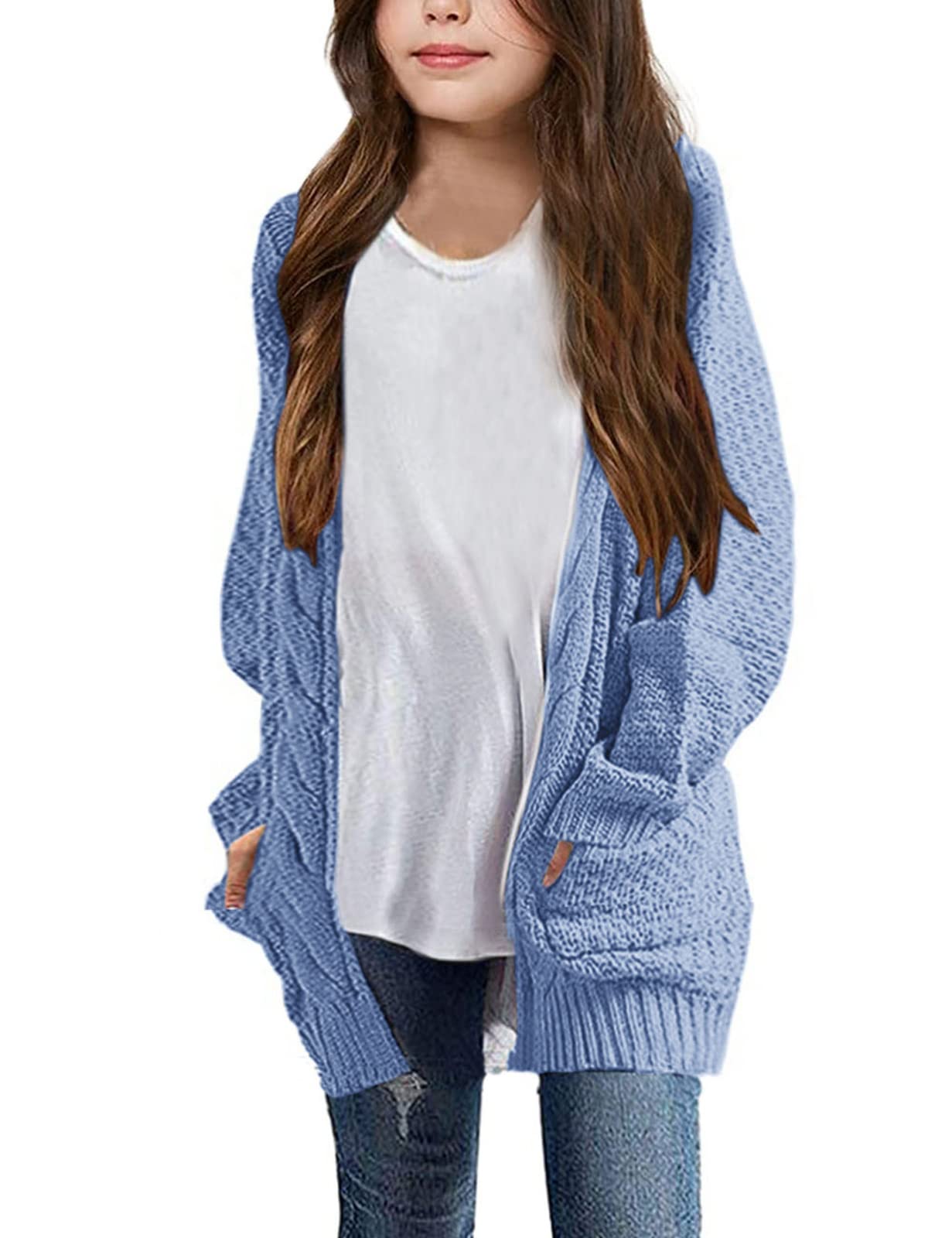 Girls Long Sleeve Cardigan Sweaters Open Front Cable Knit Chunky Cardigans Kids Oversized Cute Outerwear Coat
