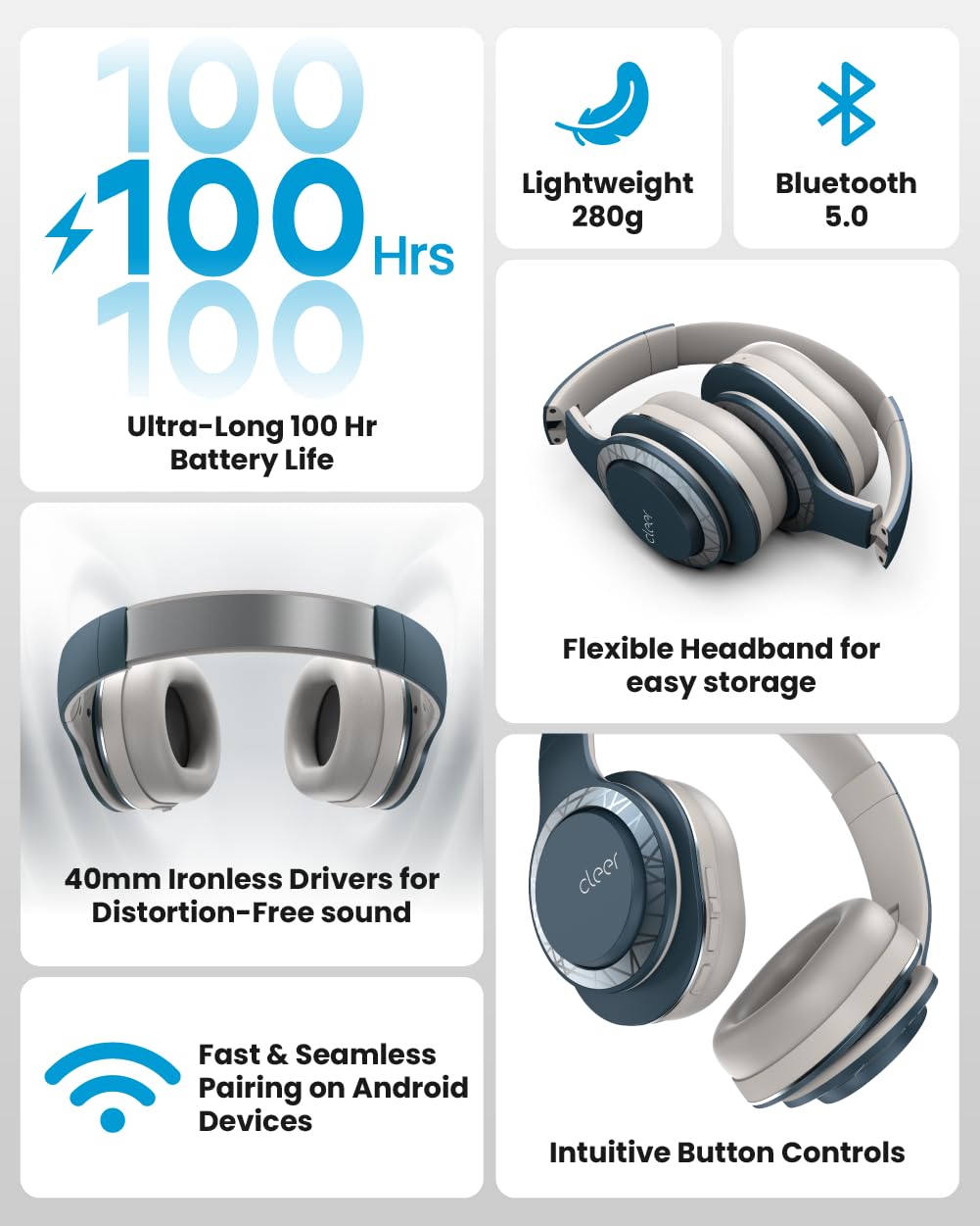 Cleer Enduro 100 Bluetooth Headphones - Deep Bass 40mm Drivers - Dettaglio
