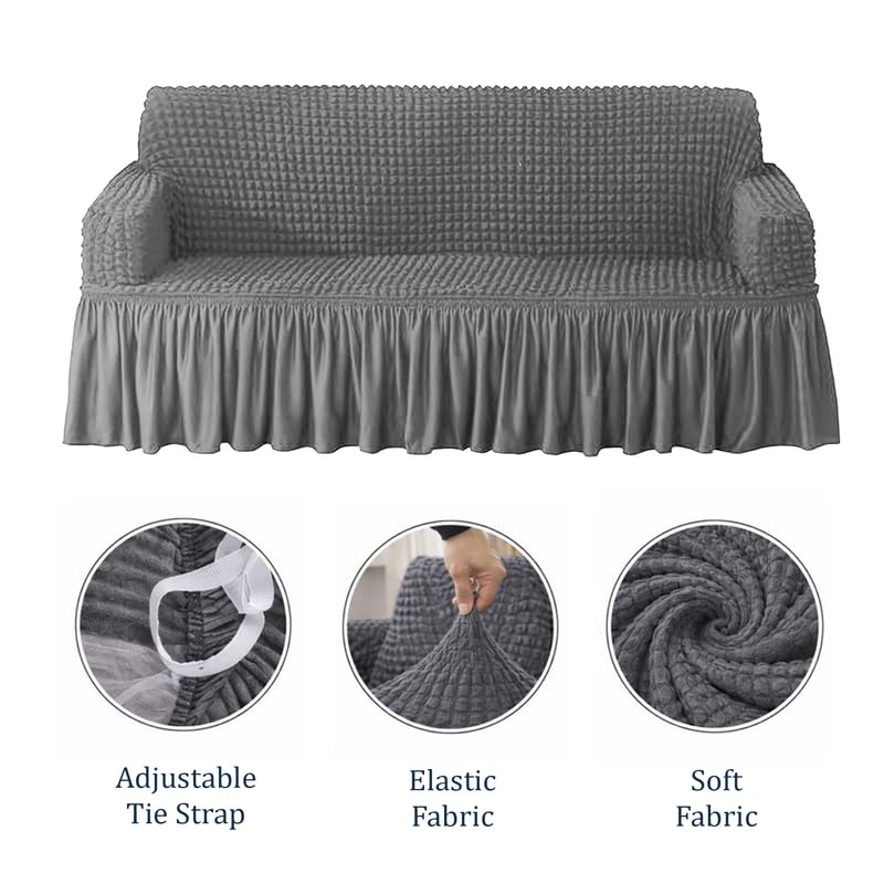 Image of Turkish Bubble Sofa Cover 3 Seater and 2 Seater Fully Covered 5 Seater Sofa Cover Non-Slip Sticky Elastic Stretchable Sofa Set Imported Slipcover Protector (3+1+1 Seater) (Dark Grey)