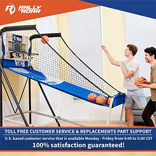 Rally and Roar Premium Shootout Indoor Foldable Arcade Basketball Game - Dual Shot with LED Lights and Scorer - 8 Game Options with 7 Basketballs and Pump
