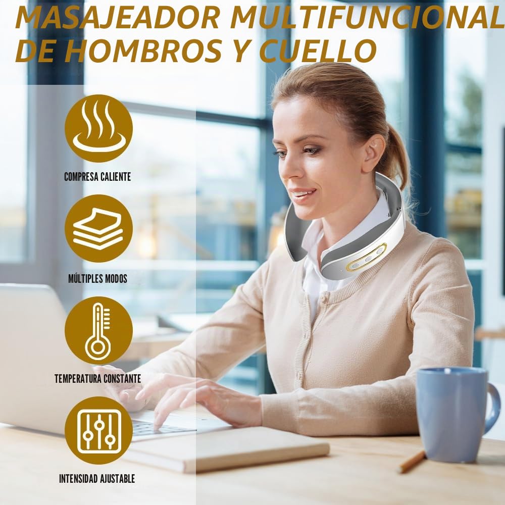 Masajeador Cuello Cervical, Masajeador Eléctrico Portátil con Terapia Calor 42°C, 6 Modos y 9 Niveles de Intensidad Adecuado para Viajes, Familia, Oficina