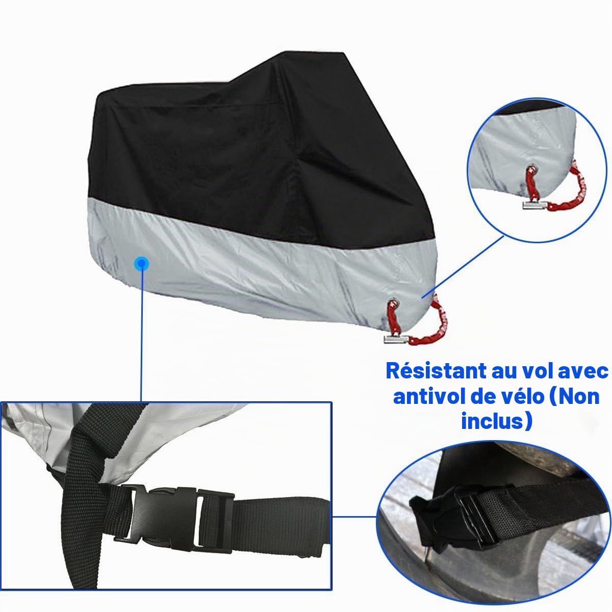 Housse de Moto XXXXL Interieur Scooter Motocyclette Couvre Protecteur UV Pluie Anti-poussière Trou de Serrure Extérieur Couvrir Étanche Noir argenté 4XL