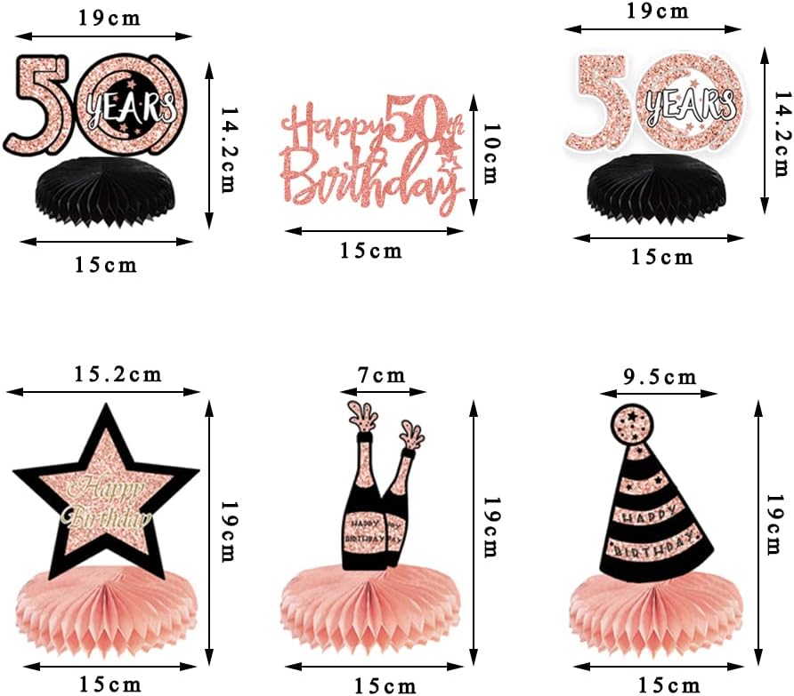 Happy 50th Birthday Party Packs - Honeycomb Table Decorations With Rose Gold Cake Topper & Table Topper - Image 4