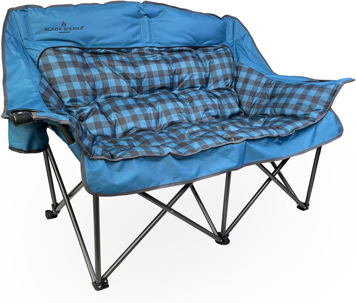 - Black Sierra Double Loveseat Comfort Camping Couch, Oversized Folding Chair for Adults, 600โlb Capacity, Plush Padded Heavy Duty Outdoor Seat with Cup Holders & Carry Bag for Beach, RV