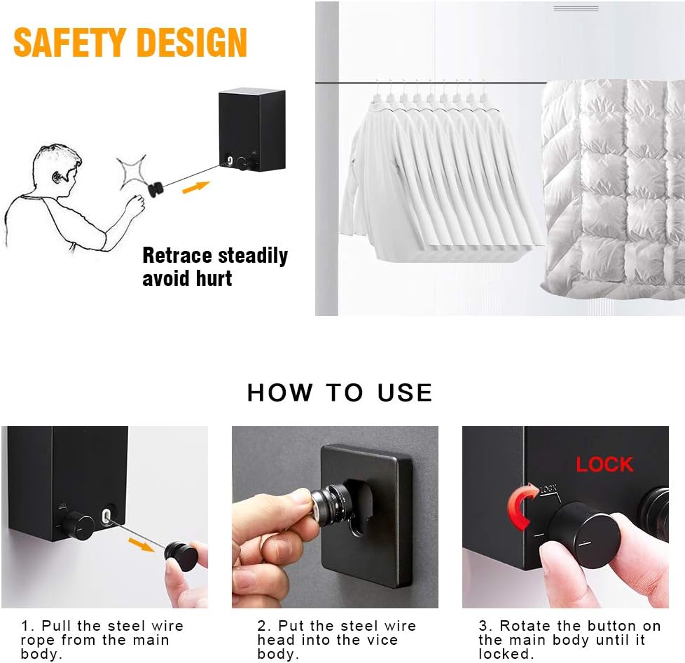 Hoimpro Retractable Clothesline with Adjustable Stainless Steel Rope String Hotel Style Heavy Duty for Bathroom, Wall Mounted Laundry Drying Line for Shower, 13.8 Feets Indoor Clothes Line, Black