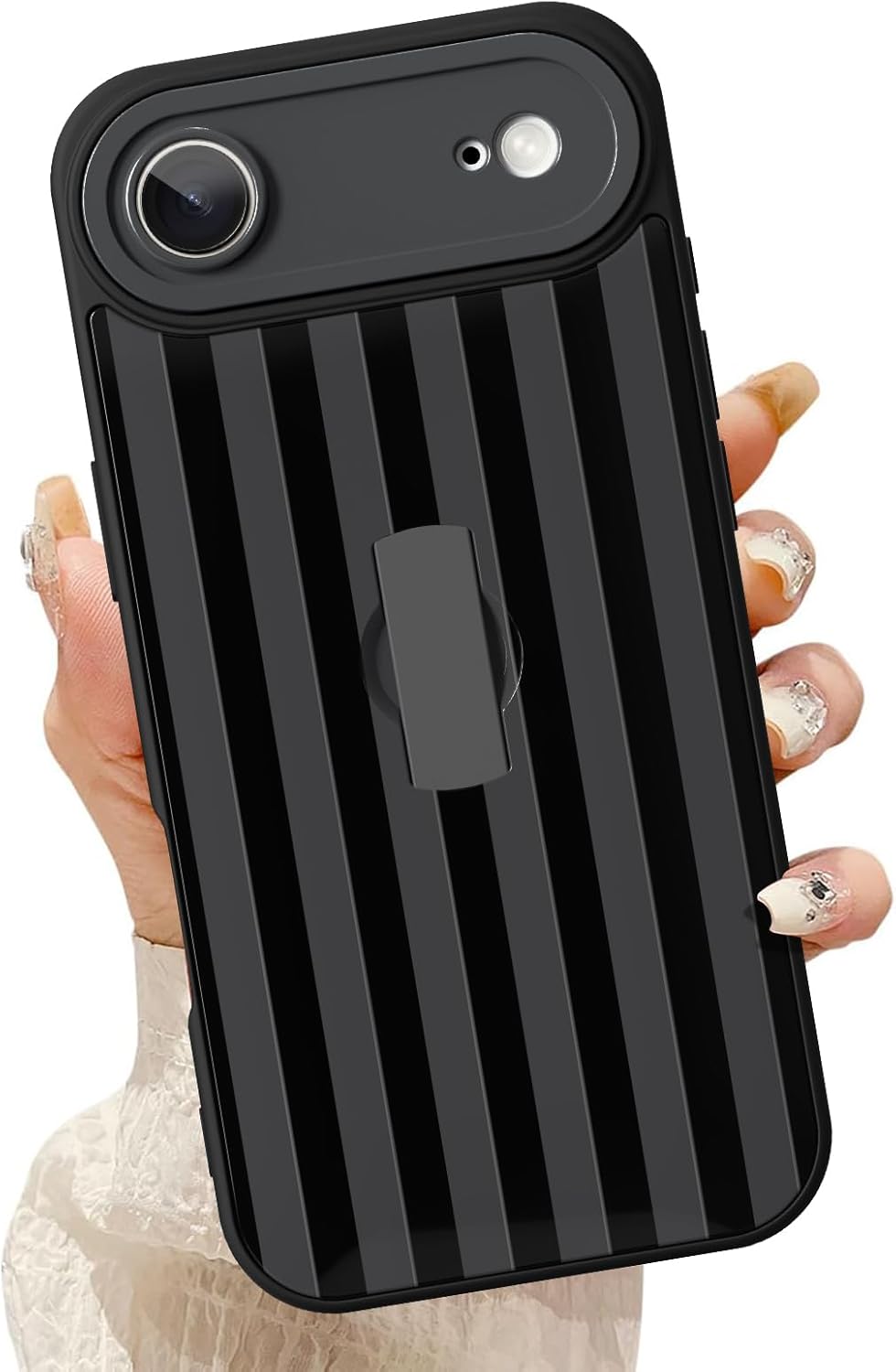 KANGHAR Compatible with iPhone Air Case Black Stripes Pattern Finger Stand Design Full Body Rugged Shockproof Protection Glossy Protective Kickstand Phone Cover 6.7 Inch