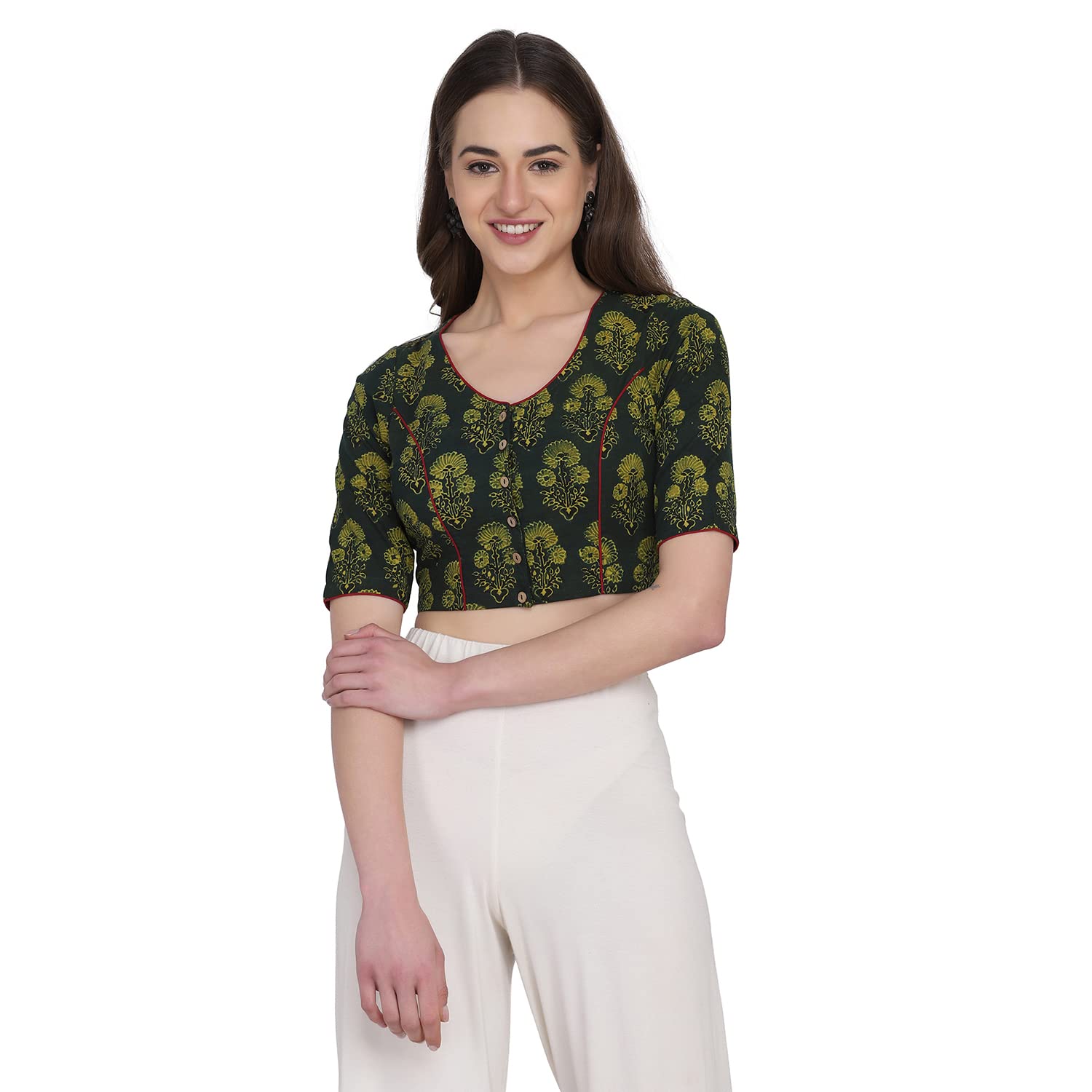 Amazon Brand - Anarva Women Fitted Hand Block Printed Ajrakh Non Paded Cotton Ready To Wear Blouse (Anaajbl38)