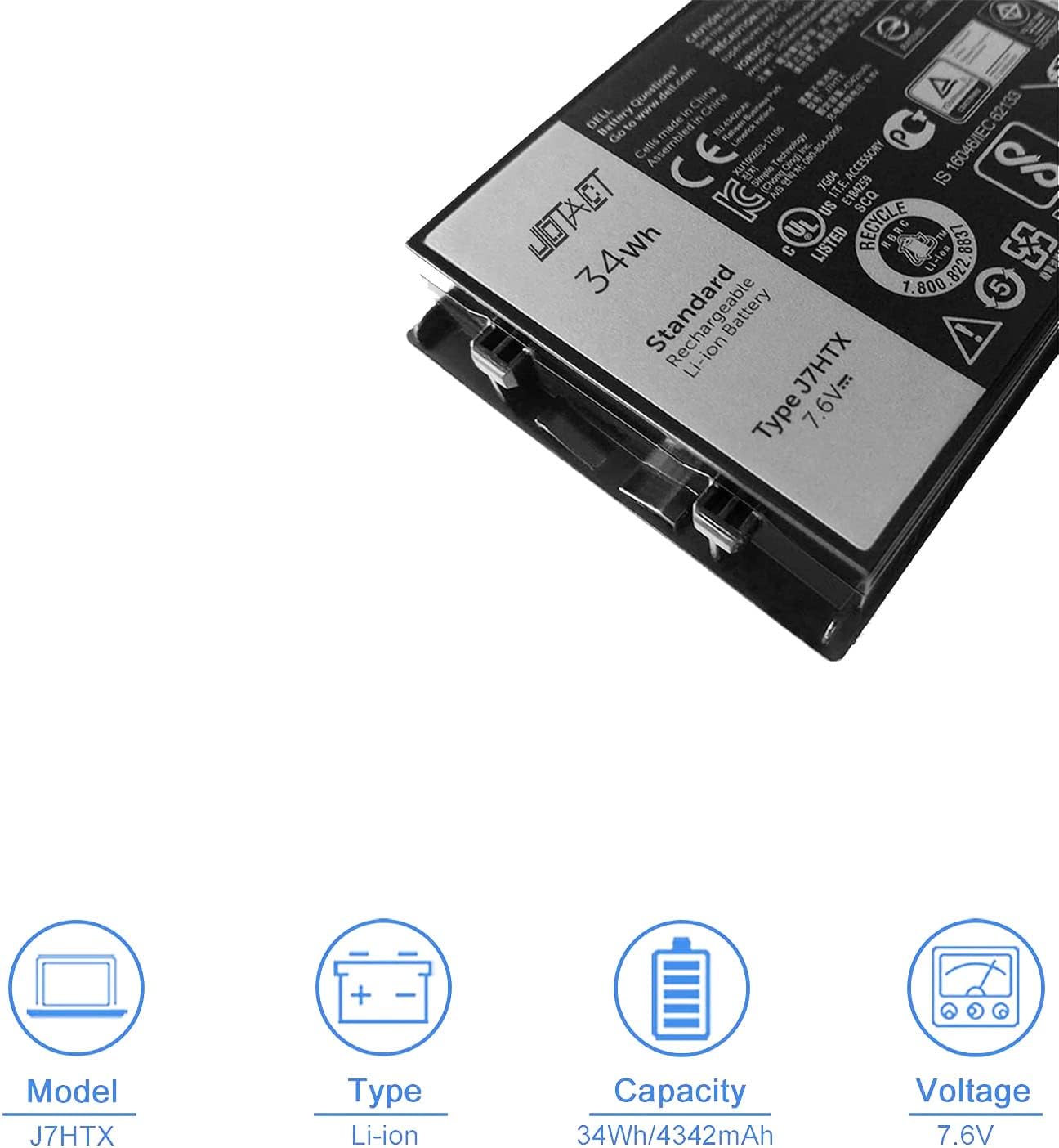 JOTACT J7HTX 7XNTR Laptop Battery Replacement for Dell Latitude 7202 7212 Rugged Extreme Tablet Series 02JT7D FH8RW （7.6V 34Wh/4342mAh 4-Cell）