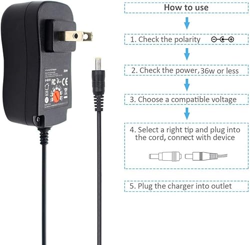 Miniatura 6 de POWSEED Adaptador universal de CA de 3 V, 4.5 V, 5 V, 6 V, 7.5 V, 9 V, 12 V, 3A, 2A, 1 A, 36 W, con 9 puntas, incluye USB C, cargador de fuente de