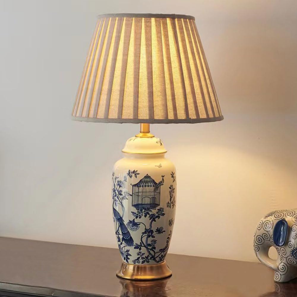asdchZen Asian Chinese Ginger Jar Table Lamp 27" Tall Porcelain Blue White Peacock Pattern Fabric Shade Decor For Living Room Bedroom House Bedside Nightstand Home Office Entryway