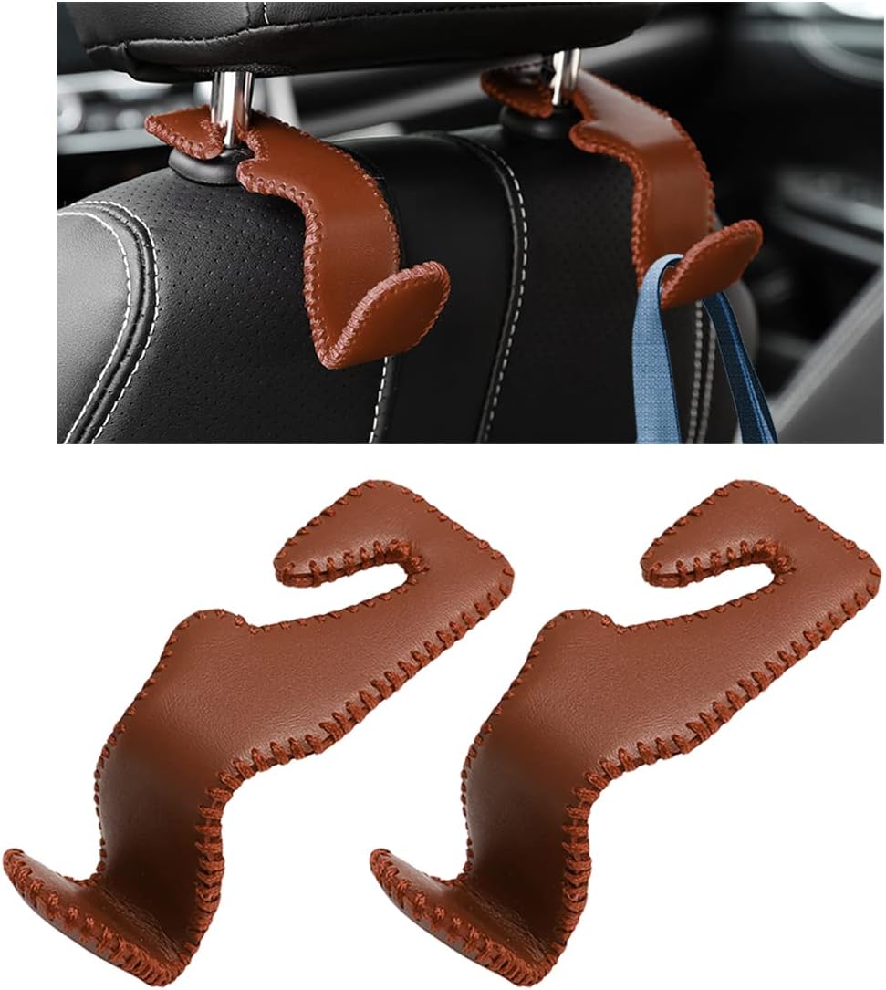 2 PCS Leather Car Seat Hooks Car Headrest Seat Hook,Car Vehicle Back Seat Headrest Hanger Holder Hook,Back Seat Organizer Storage Holder for Hanging Purses Bags Coats (Brown)