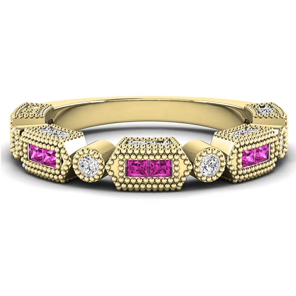 Dazzlingrock Collection Oro 14 K principessa zaffiro rosa e diamante bianco rotondo matrimonio Eternity anello impilabile, oro giallo, zaffiro, Oro giallo, Zaffiro