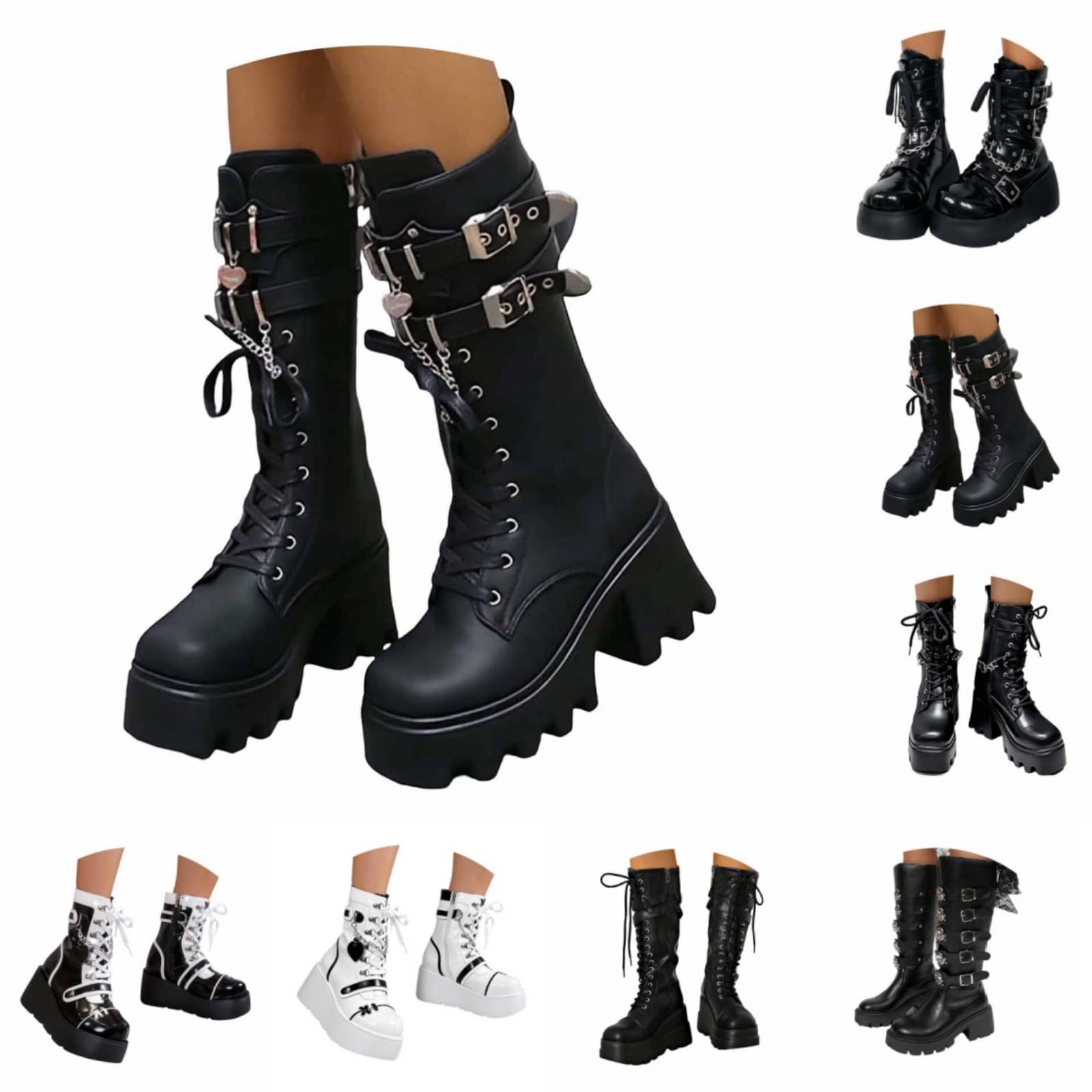 Generisch Damen Gothic Punk Plateau Stiefel Chunky hohe Plattform Mid Calf Absatz Spitze Up & Reißverschluss Runde Zehe Schnallen Kampfstiefel Moto Stiefel Rave Gothic Schuhe Leicht und komfortabel