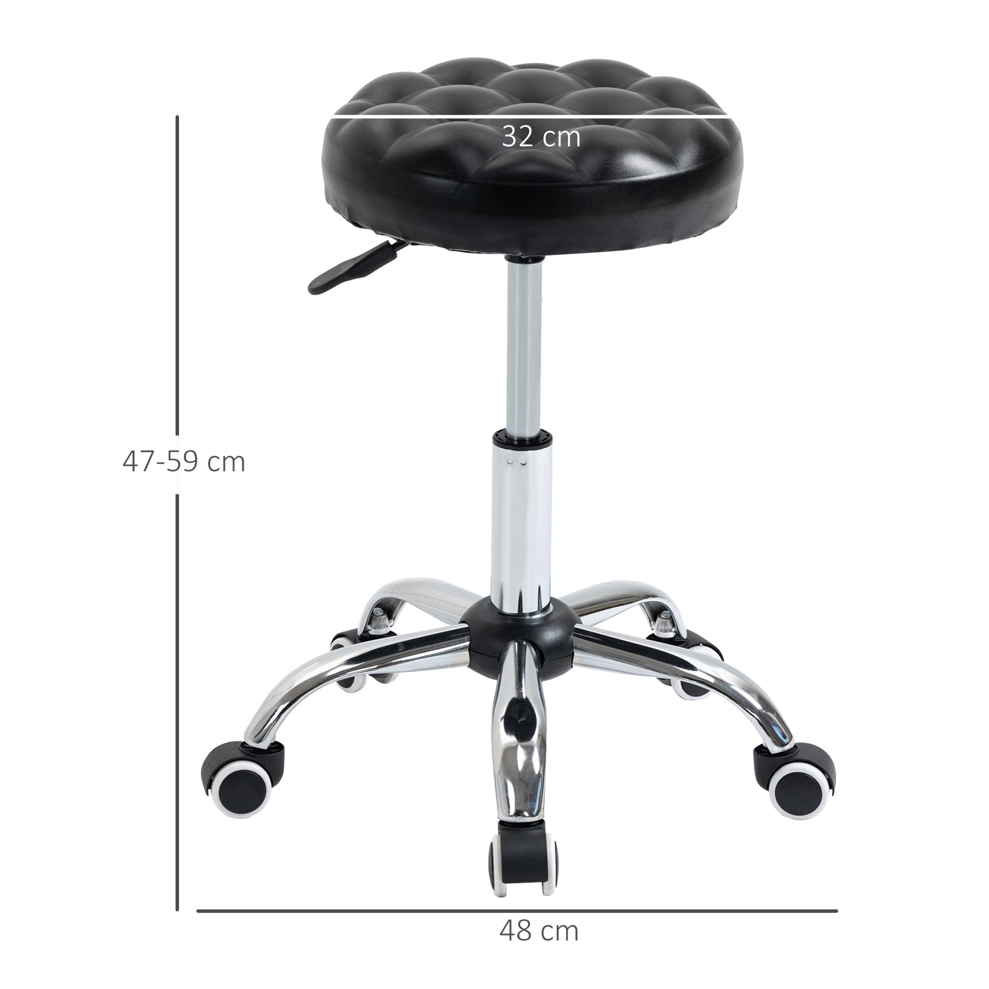 HOMCOM Sgabello ad Altezza Regolabile con 5 Ruote Girevoli, in Acciaio, Gommapiuma e pelle PU, Ф48x47-59Acm, Nero