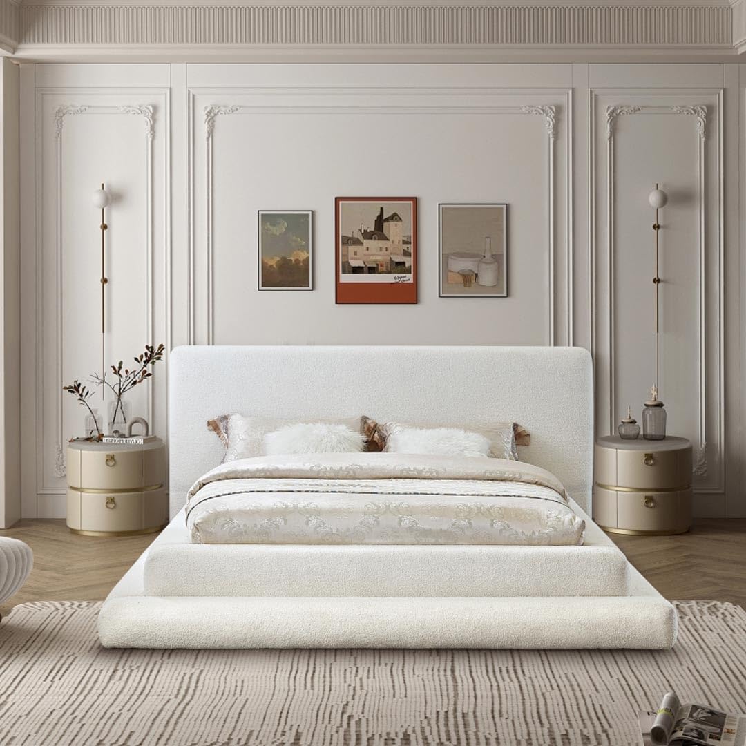 A TO Z FURNITURE Premium Bed Frame in Cream | Modern Upholstered Queen Size Bed | Soft Fabric Headboard | Sturdy Durable Wood Construction | Easy Assembly for Bedroom | Silent Design Soft Bed