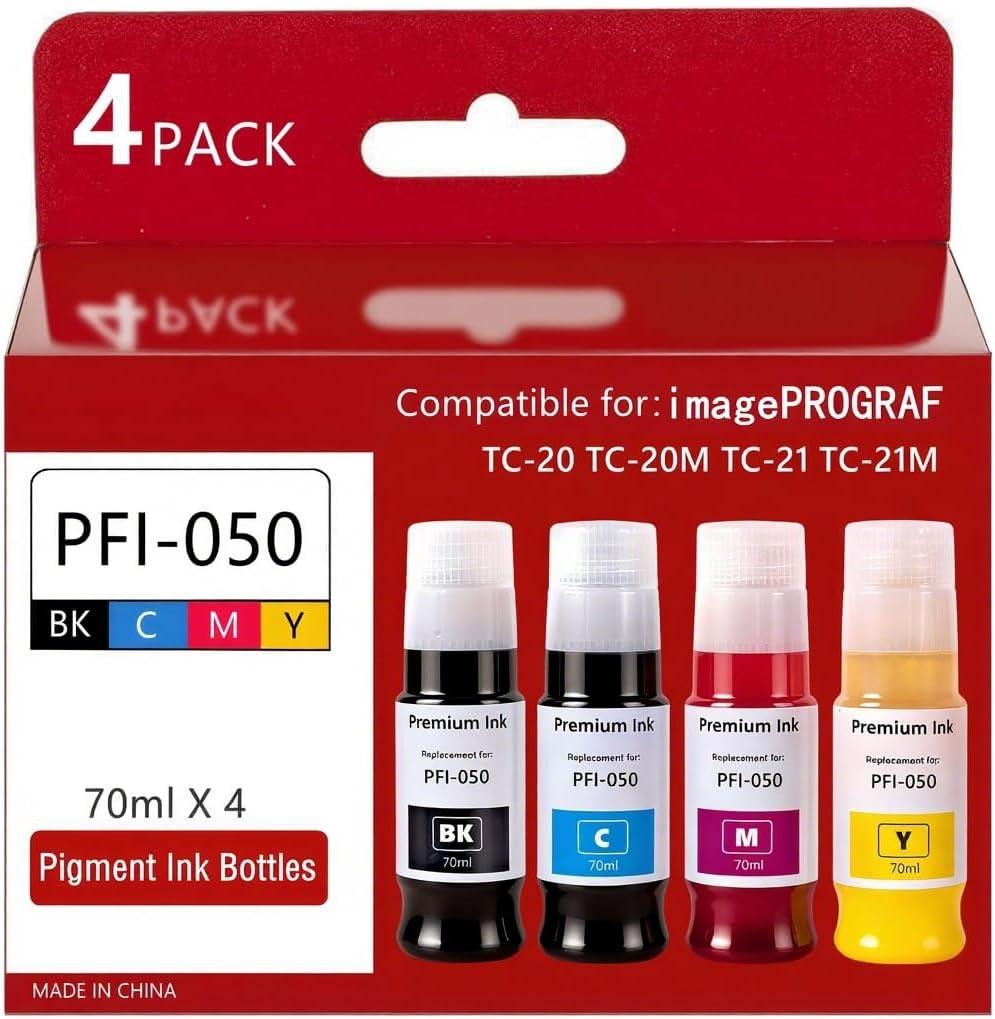 PFI-050 70ml Pigment Ink Tank Set Remanufactured for Canon PFI-050 PFI050 PFI 050 Ink Bottle Compatible with Canon imagePROGRAF TC-20 TC-20M Printer (BK C M Y) tc20m tc20 Ink Refills