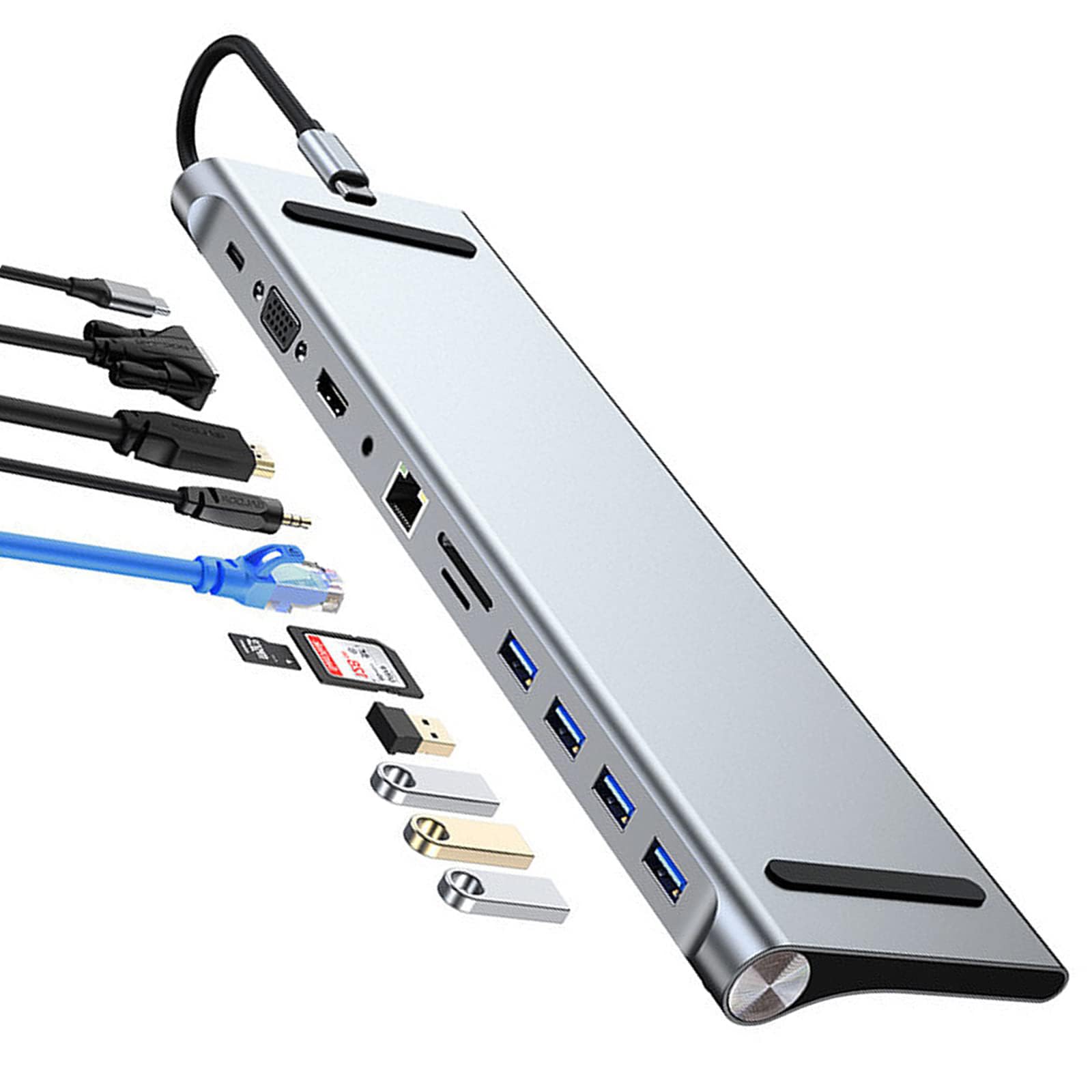 TERRIFI 11 in 1 USB C docking station, USB Type C to 4K 30Hz HDMI+VGA,SD/TF card reader,RJ45,4 USB3.0,adapter for MacBook, Mac Pro, Mac Mini, iMac, Silver