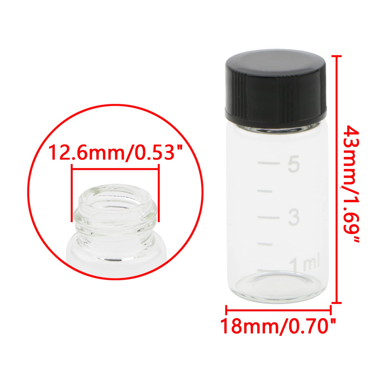 10pcs Mini Flaconi di vetro trasparenti da 5ml (1/6 once) con campione di scala Nero Tappo a vite graduato Bottiglie Trasparente Lab Travel Container