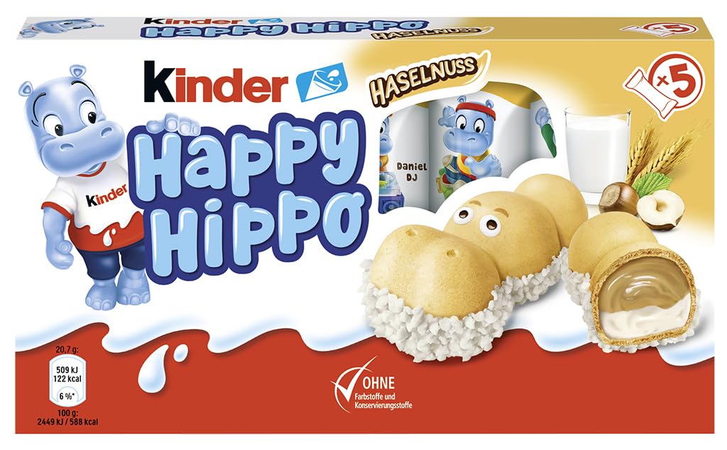 kinder Happy Hippo Haselnuss – Knusprige Waffelspezialität mit Milch- und Haselnusscreme – Süßigkeiten für Karneval & Fasching – 1 Packung mit je 5 Einzelriegeln à 20,7g