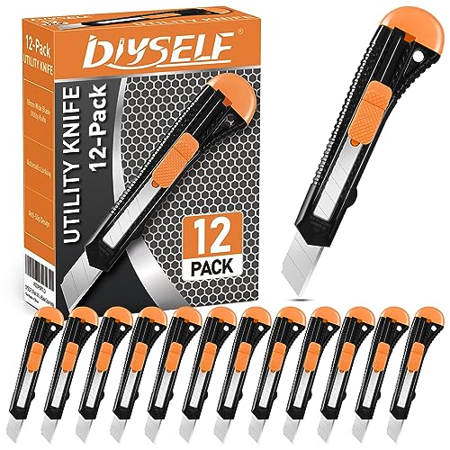 Image of DIYSELF 12 Pack Box Cutter Retractable, 18mm Snap-Off Utility Knife | Disposable Utility Knife, Portable Box Opener, Razor Knife for Office, Shop and Warehouse