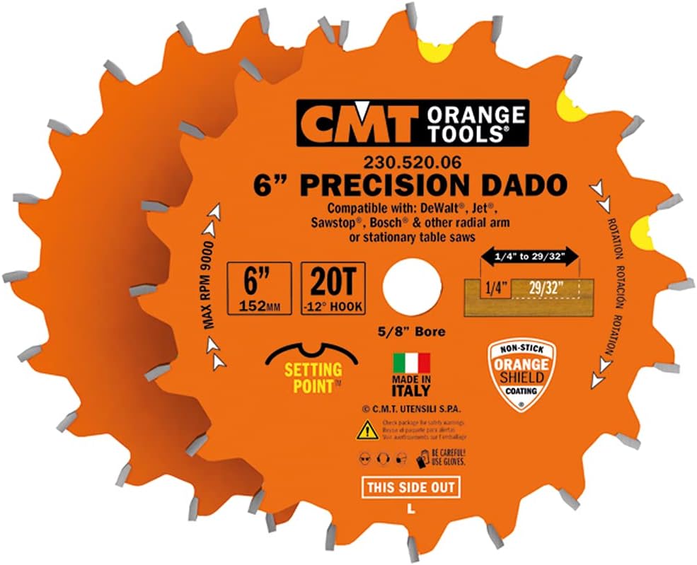 Best Deal Product CMT 230.520.06 Precision Dado Set, 6-Inch x 20 Teeth FTG+ATB Grind with 5/8-Inch Bore