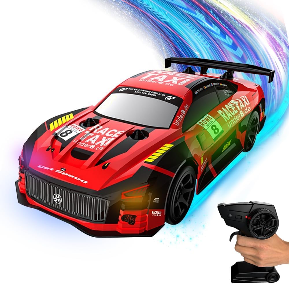 OBEST Remote Control Drift Car with LED Lights, 2.4GHz 4WD High Speed RC Racing Car Model Toy Gift for Kids, 2 Battery (Red)