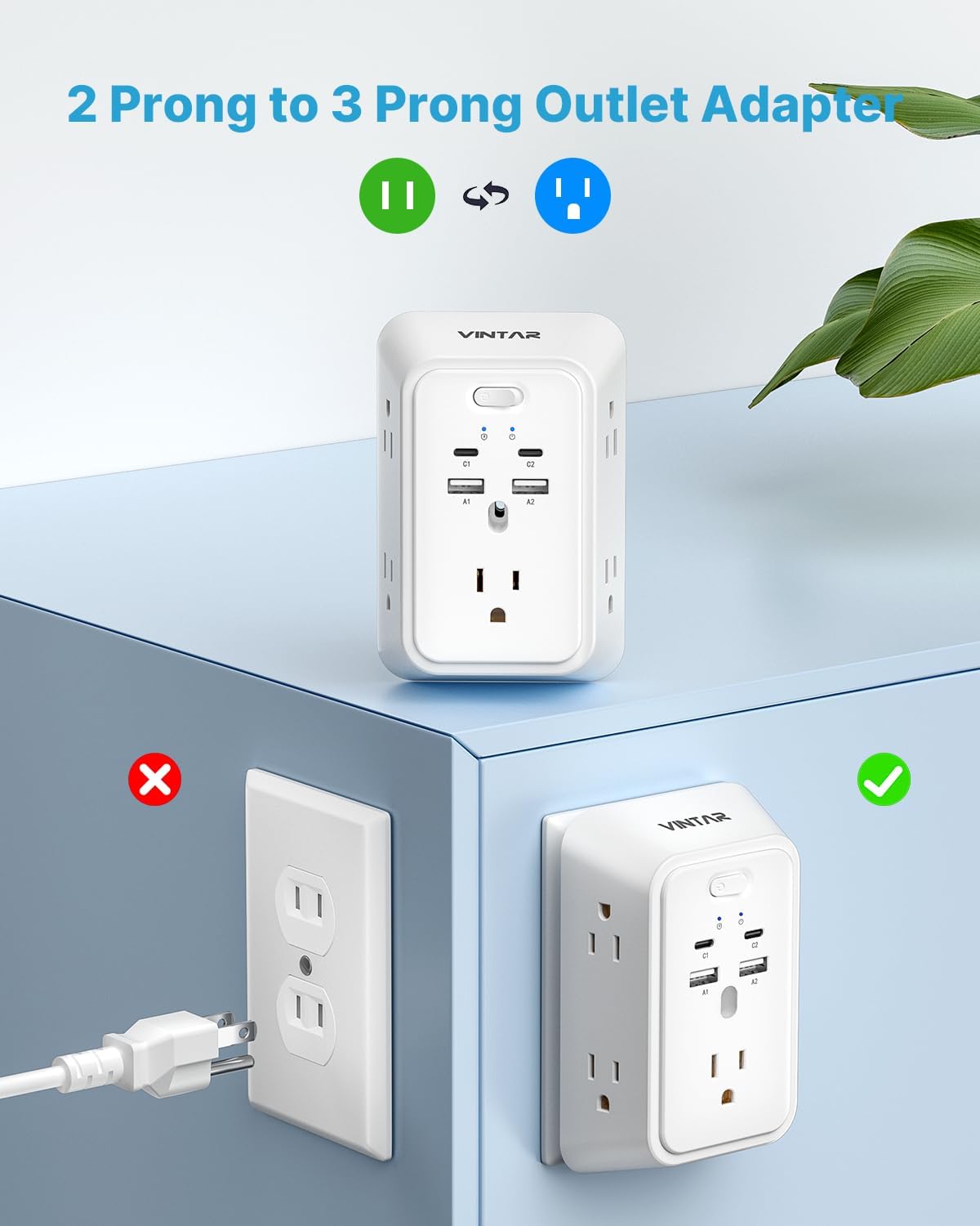 VINTAR 2 to 3 Prong Outlet Adapter, 2 Prong Power Strip with 5 AC Outlets and 4 USB (2 USB C), Polarized Plug, 3-Sided Wide Spaced Surge Protector, Wall Mount for Non-Grounded Plug Old Homes Hotels